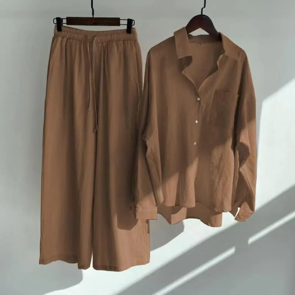 Conjunto de 2 unidades de Tops y pantalones elegantes para mujer, conjunto de traje de Color sólido para mujer, conjunto de traje transpirable de cintura alta con cordón