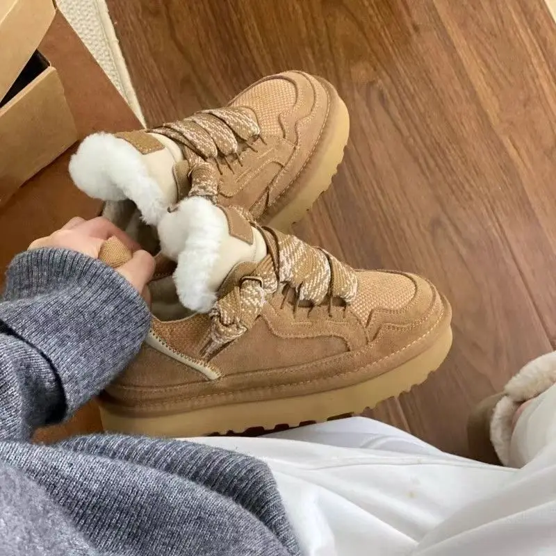 Botas casuais com plataforma forrada felpuda e confortável, calçados femininos bege com sola grossa para inverno e ambientes internos e externos