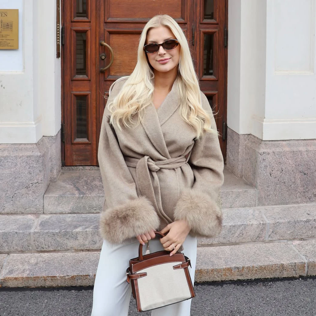 TARUXY Fuchspelz-Wollmäntel für Damen, kurzer Mantel, Bürodame, abnehmbarer, eleganter doppelseitiger Wollmantel, 2025, neue Strickjacke