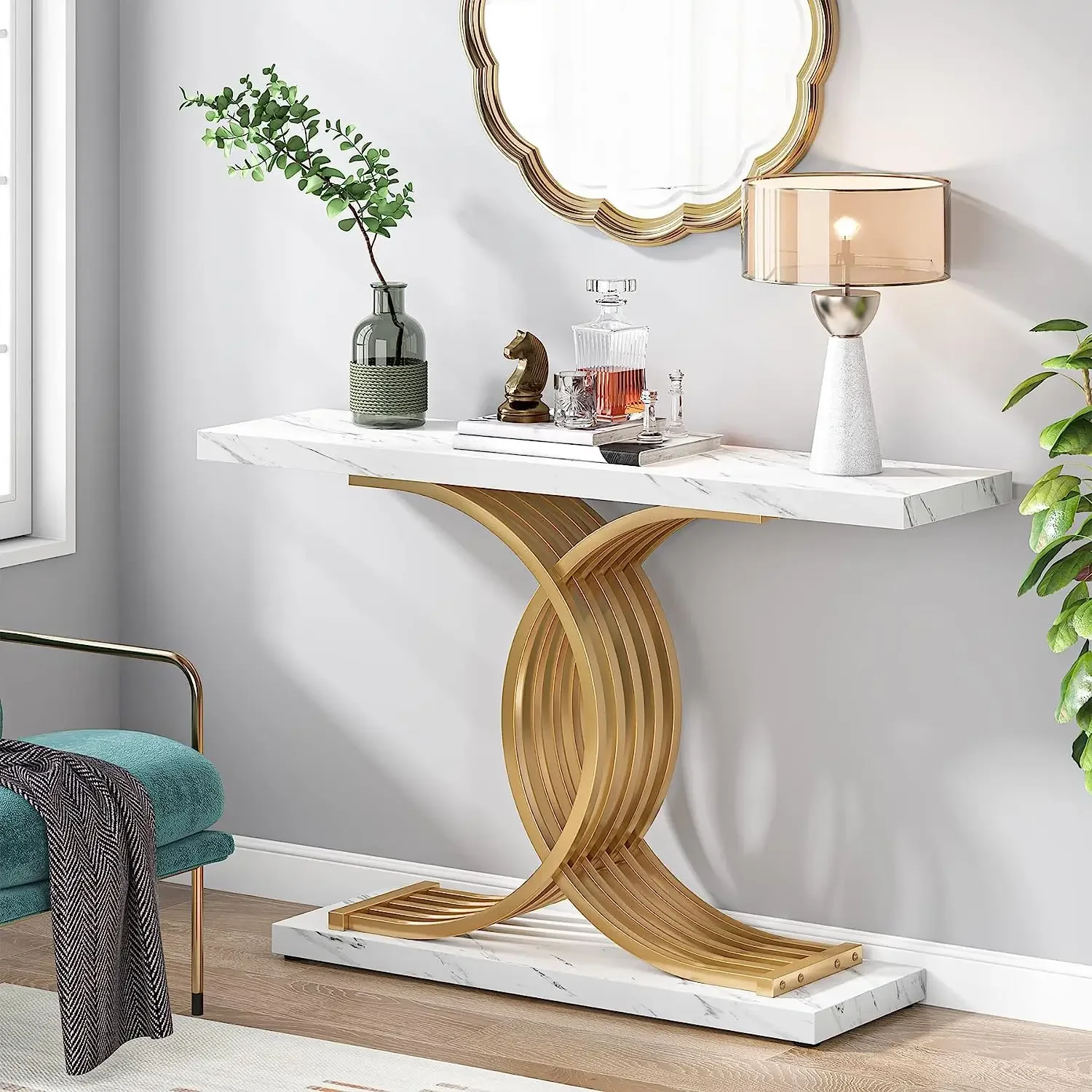 Tavolo da ingresso Tribesigns Gold, divano moderno in legno stretto in finto marmo consolle da 39 pollici con gambe geometriche in metallo