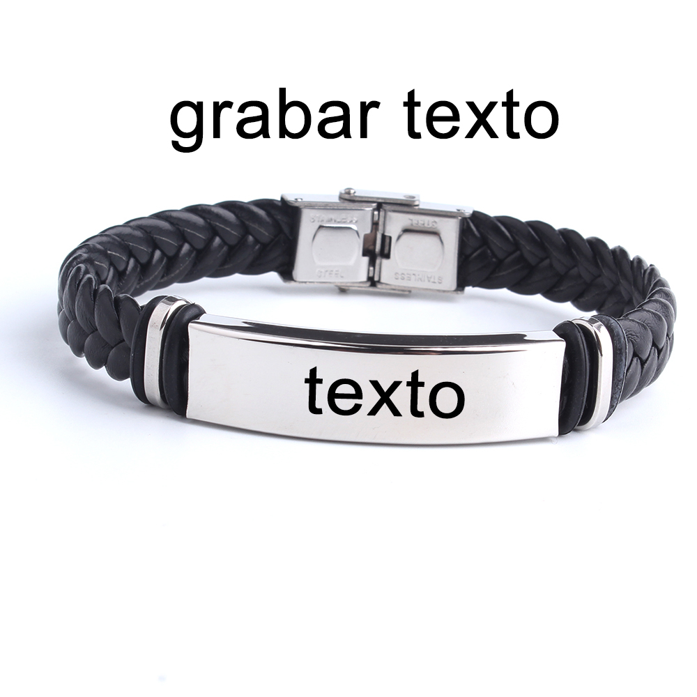 Brazalete y pulsera de cuero con texto grabado de nombre y logotipo personalizado Punk SOS, pulseras de acero inoxidable personalizadas para mujeres y hombres, pulsera de identificación