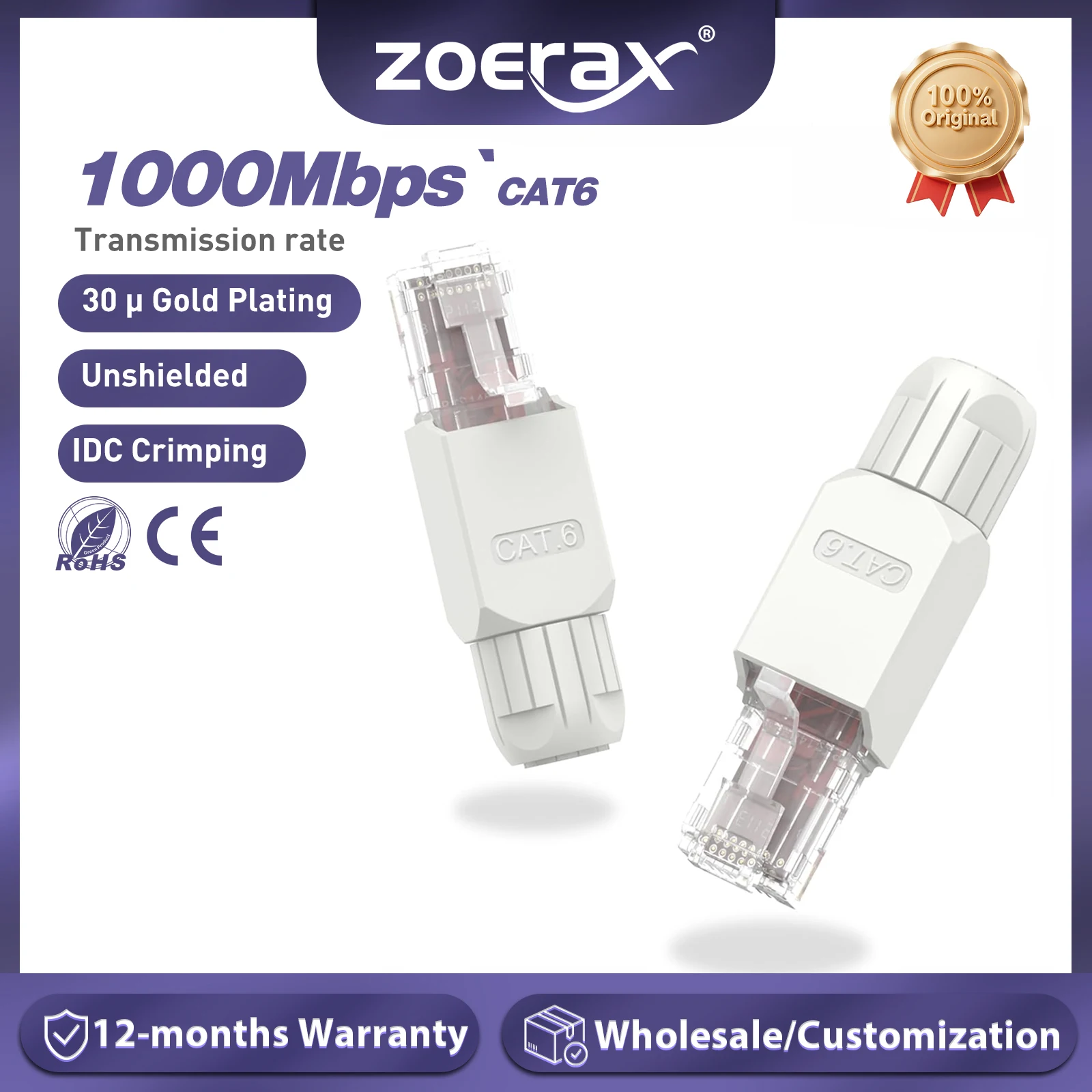 ZoeRax 1 шт. разъем RJ45 без инструментов, вилка полевого наконечника CAT6A CAT5E CAT6, инструмент RJ45, менее позолоченная модульная вилка,