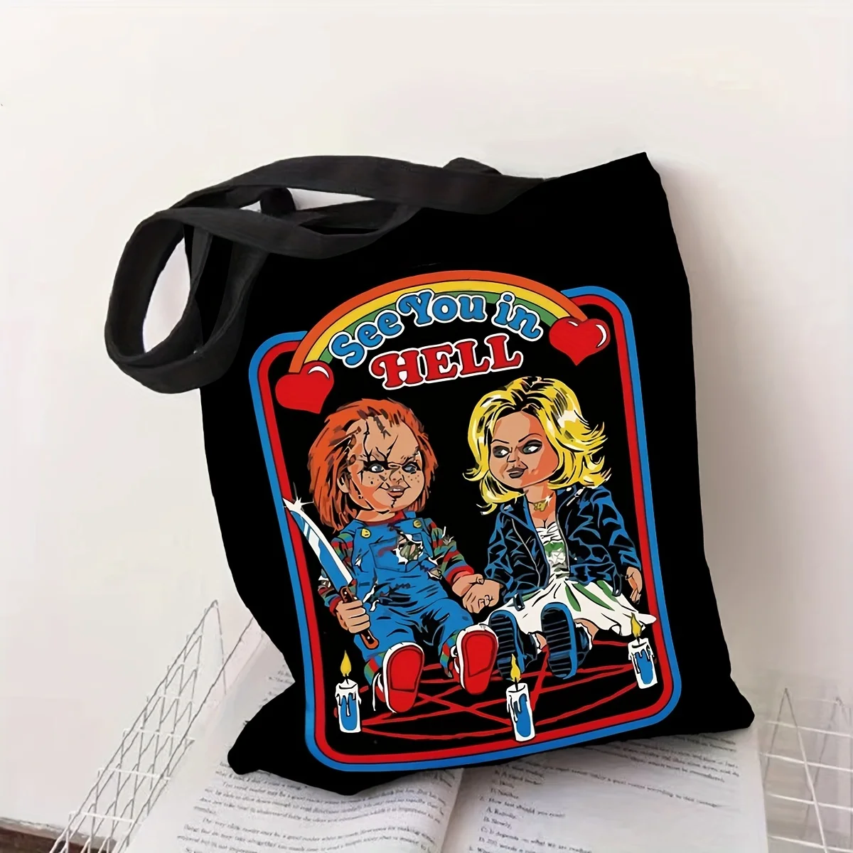ฮาโลวีนตลกการ์ตูนสยองขวัญภาพยนตร์ Tote กระเป๋า, กระเป๋าสะพายผ้าใบความจุขนาดใหญ่, กระเป๋าช้อปปิ้งเทศกาลฮาโลวีนที่สมบูรณ์แบบ
