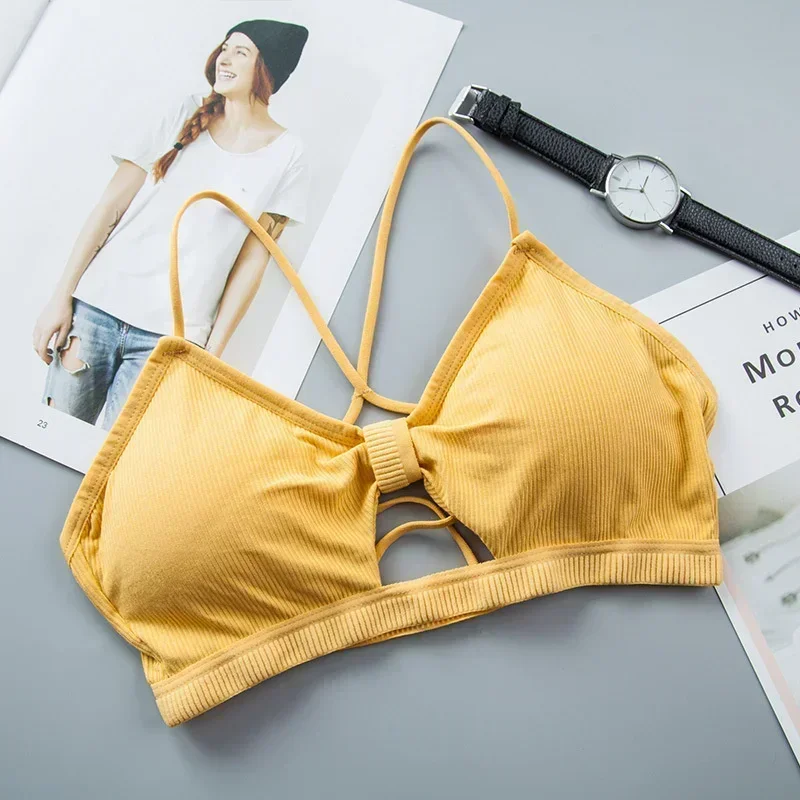 Sujetador deportivo con tirantes para mujer, sujetador con tiras cruzadas, lencería transpirable para Fitness, ropa interior sin costuras de Color sólido para mujer