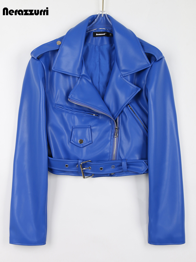 Nerazzurri Frühling Herbst Blau Kühlen Kurze Weiche Faux Leder Biker Jacke Frauen Langarm Gürtel Hohe Qualität Kleidung Mode