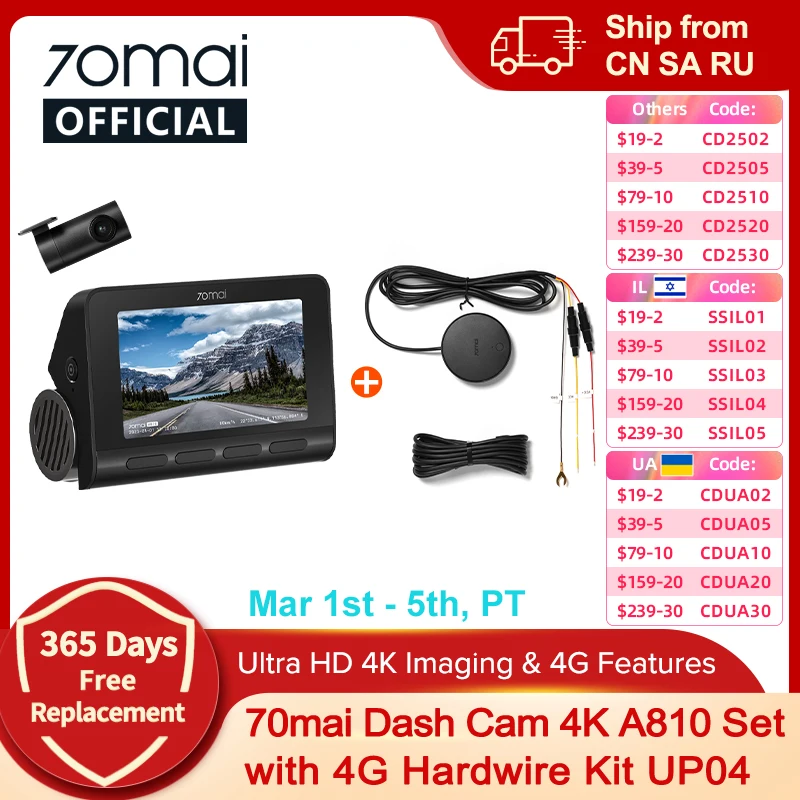 70mai 4K Dash Cam A810 Front Rear Set with 4G Module UP04 Remote Control GPS ADAS 70mai Car DVR A810 HDR 60FPS 24H Parking Mode