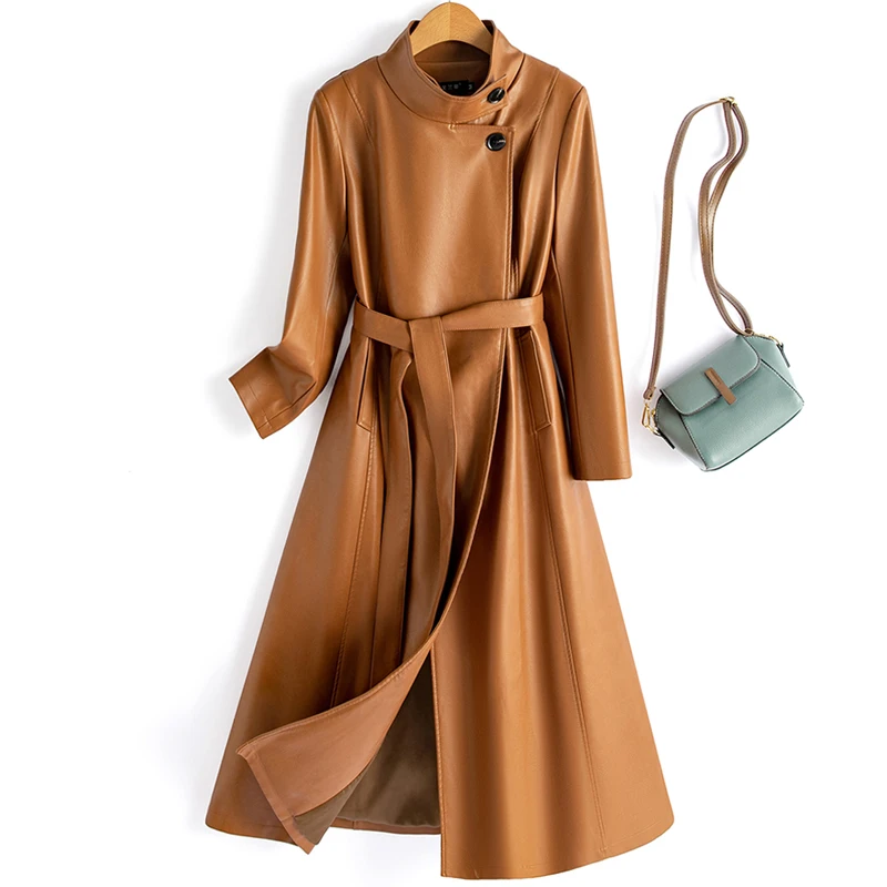 Neu Frauen Frühling Herbst Ledermantel Elegante Mode Stehkragen Lange Ärmel Langer Trenchcoat Spaltleder Lässiger Mantel