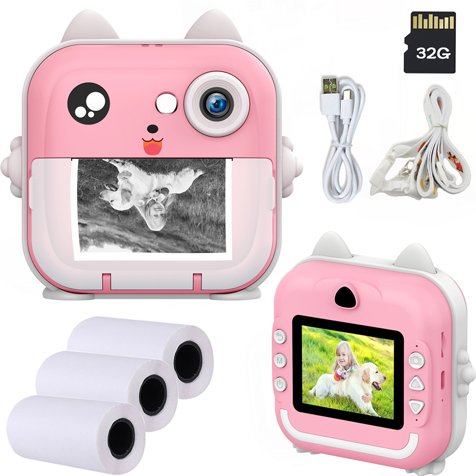 Crianças câmera de impressão instantânea foto mini câmera de vídeo digital para crianças com papel de impressão de tinta zero 32g cartão tf brinquedos educativos presente