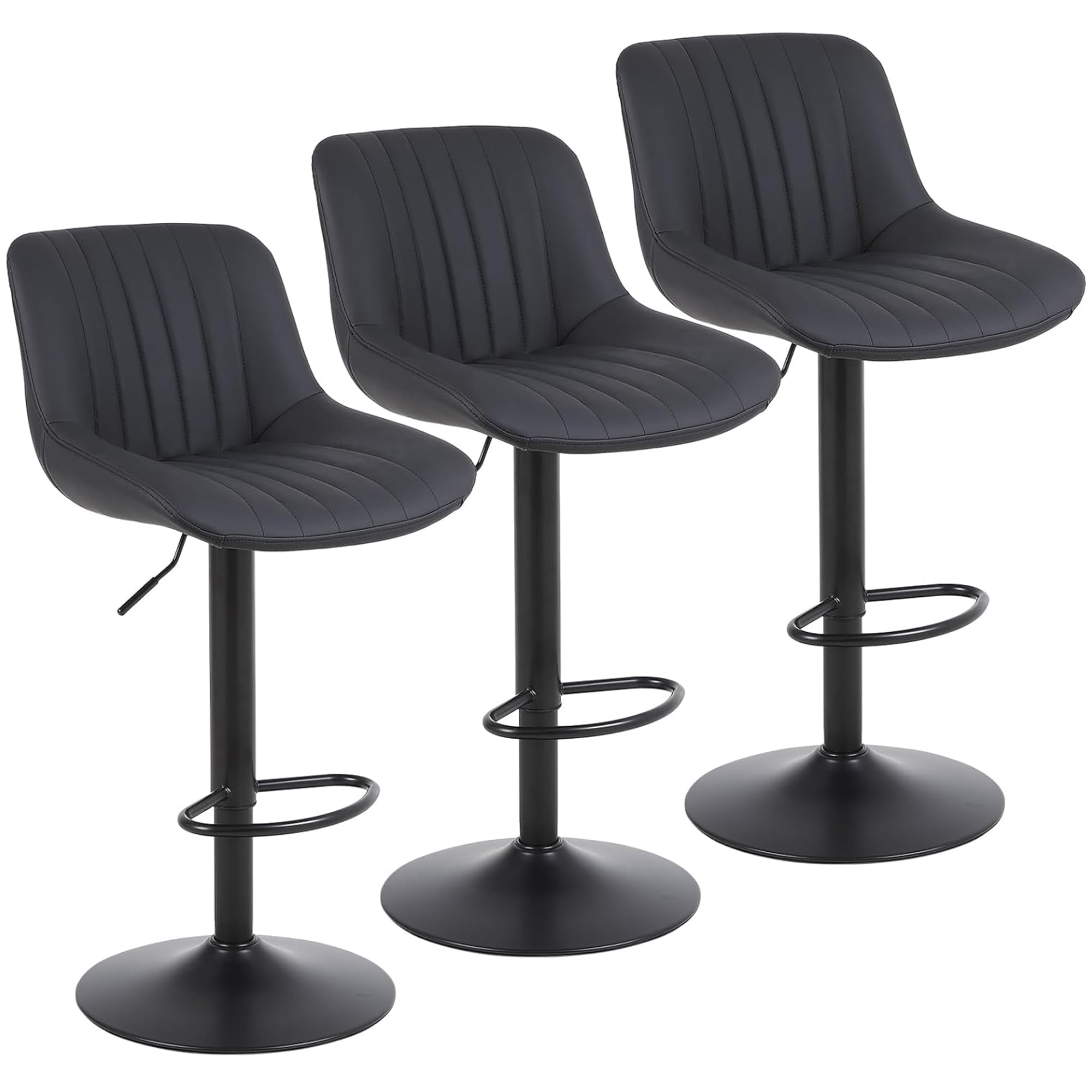 Ralex-Stuhl Barhocker 3er-Set, drehbare Barhocker in Thekenhöhe mit Rückenlehne, verstellbare Barstühle aus PU-Leder, Schwarz