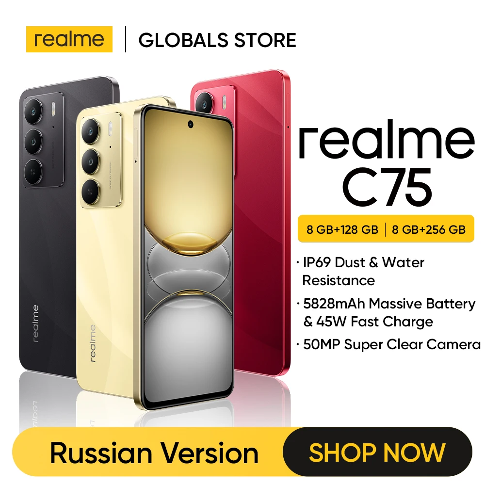 [Новое поступление] Смартфон Realme C75 Helio G92 Max Чипсет 45 Вт Зарядка 50 МП Камера 5828 мАч Аккумулятор 6,72 дюйма 90 Гц Дисплей NFC IP69