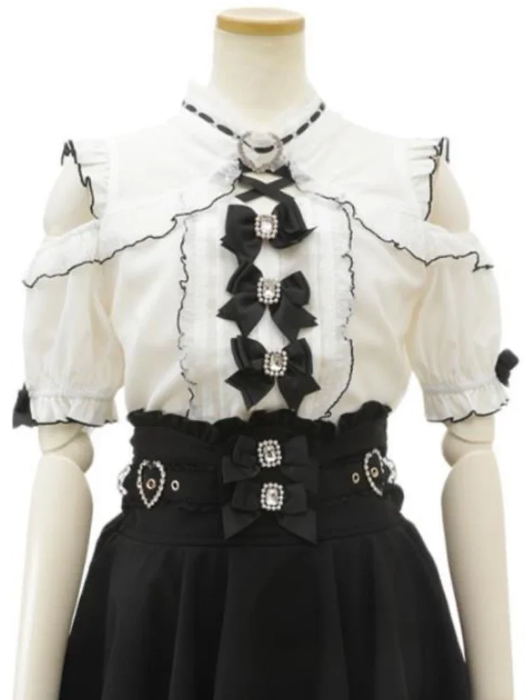 Blusa japonesa Lolita Kawaii con hombros descubiertos, camisas De retazos De encaje Y2k con lazo estético para Mujer, Blusas JK que combinan con todo