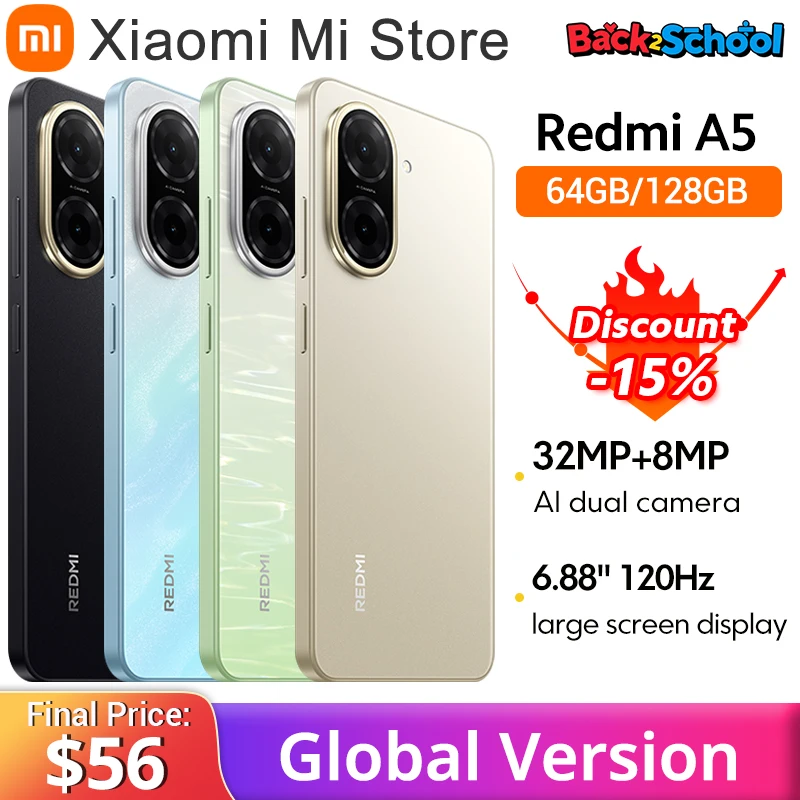 Wersja globalna Procesor Redmi A5 UNISOC T7250 Główny aparat 32 MP Duży ekran o przekątnej 6,88 cala Obsługuje szybkie ładowanie 15 W