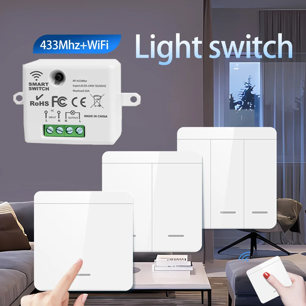 10A 110V 220V Wireless ON OFF Switch RF433 Module Remote Control Light Switch 1/2/3 Gang Wall Switch for Light Bulb Chandelier