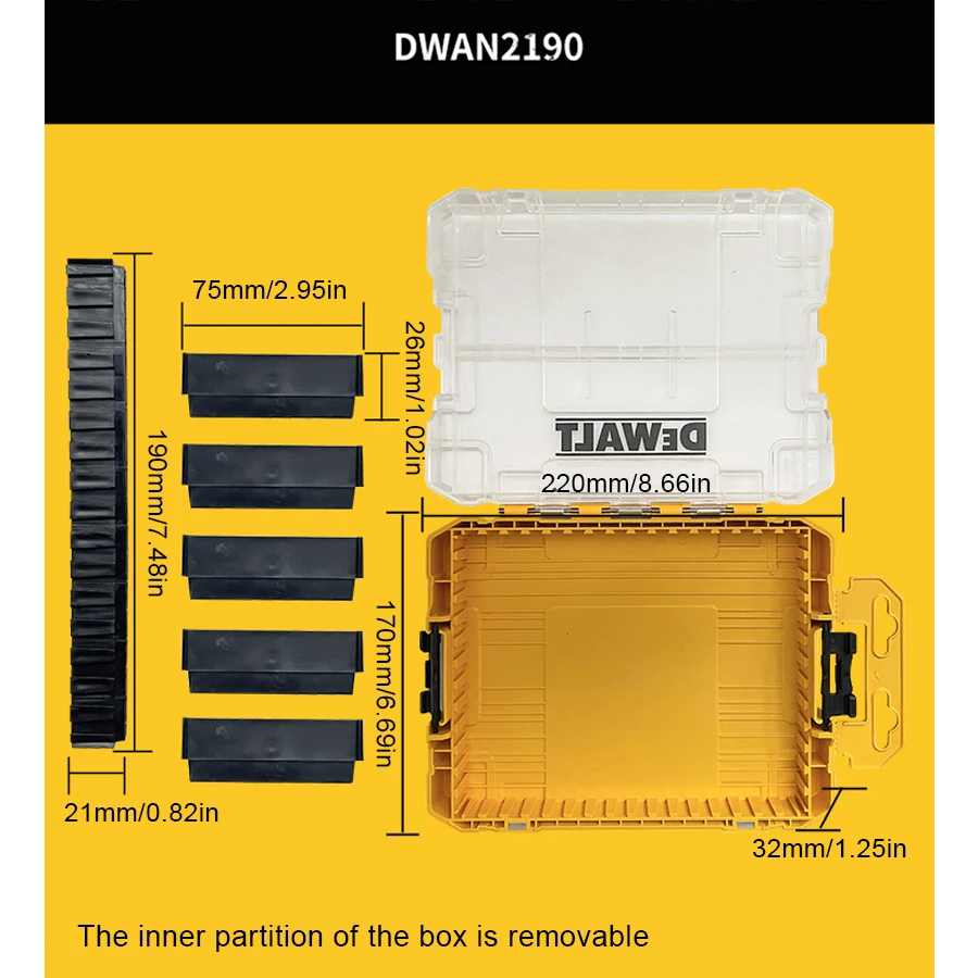 DEWALT DWAN2190 Large Part Box Storage Box Transparent Plastic Multifunctional Stackable Box 220 *170 * 32mm