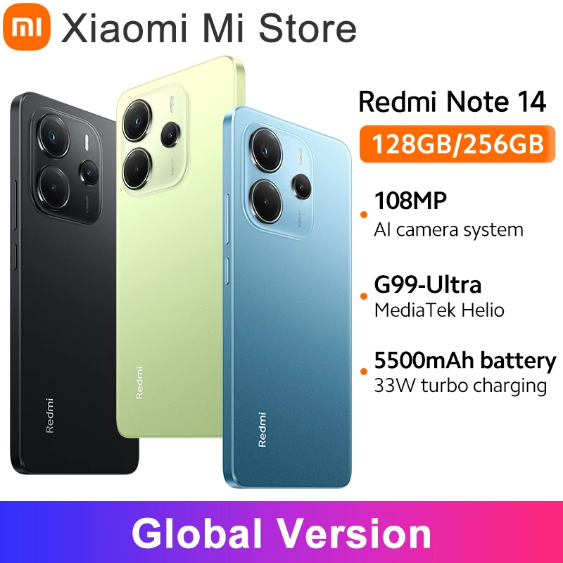 【World Premiere】Global Version Xiaomi Redmi Note 14 MediaTek Helio G99-Ultra 108MP AI Camera 5500mAh 6.67" 120Hz AMOLED Display