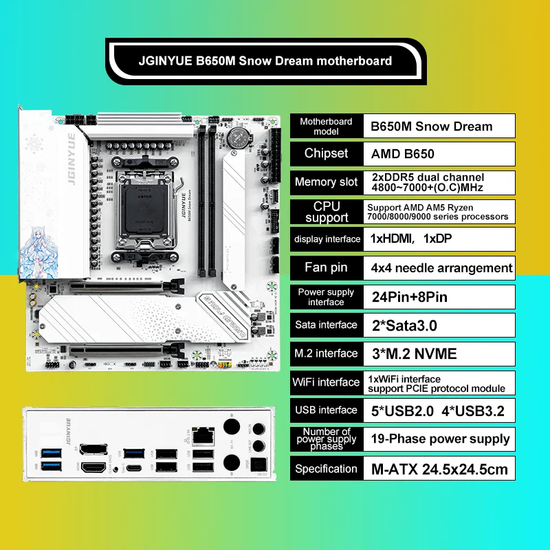 JGINYUE B650M Schnee Traum AM5 DDR5 ARGB M-ATX Motherboard Für Gaming PCIe 4,0 × 4 M.2 Für CPU 9700X/9900X/7800X3D Gaming PC DIY