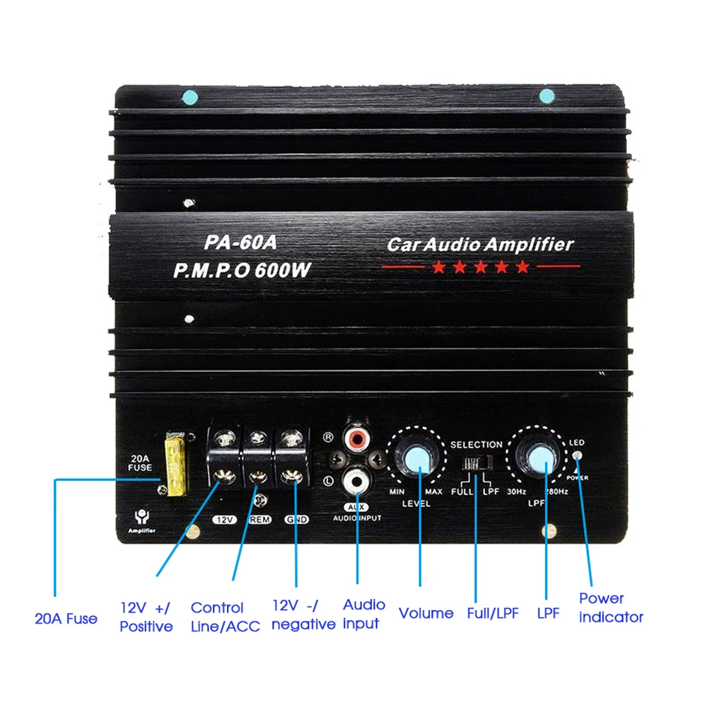 Woopker 600W Amplifier Board 12V Car Audio Power Amplifier Board Lossless Subwoofer Bass Module High Power 4 Ohm Mono Channel