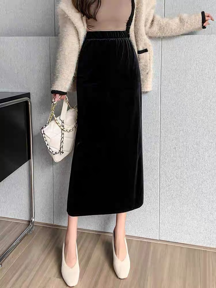 Elegante Fluwelen Zwarte Lange Rokken Vrouwen Herfst Winter Hoge Taille Faldas Koreaanse Mode Kleding Office Dames Bodycon Midi Rok