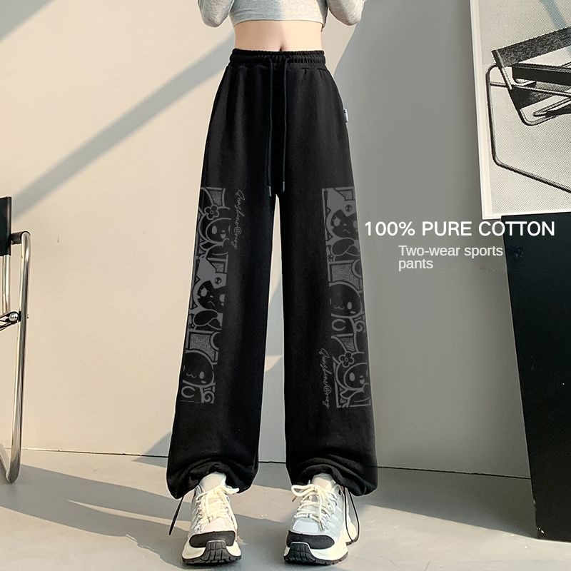 SANRIO Kuromi กางเกงกีฬาลำลองเอวสูงกางเกงขาม้าการ์ตูนเด็กผู้หญิง, กางเกงกีฬาแนวสตรีทฮิปฮอปเอวสูง Y2k กางเกงสตรี