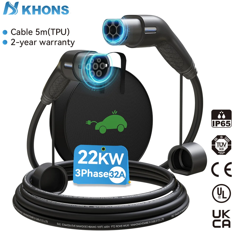 Cable de carga Khons EV Type2 a Type2 Cable cargador 22kw 32A cargador EV enchufe hembra a enchufe macho Cable de carga EVSE 5M TPU