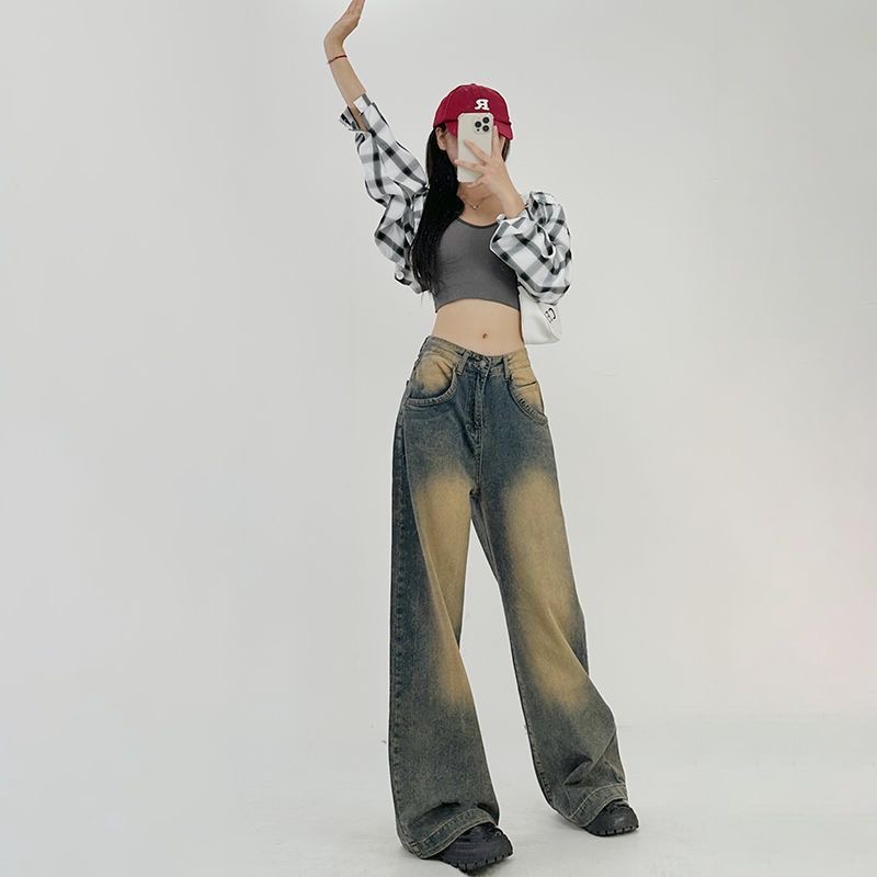 Fashionable Retro Washed Wide Leg Jeans High Waist Long Pants Denim Fabric Zipper Fly Casual Trousers for Young Women