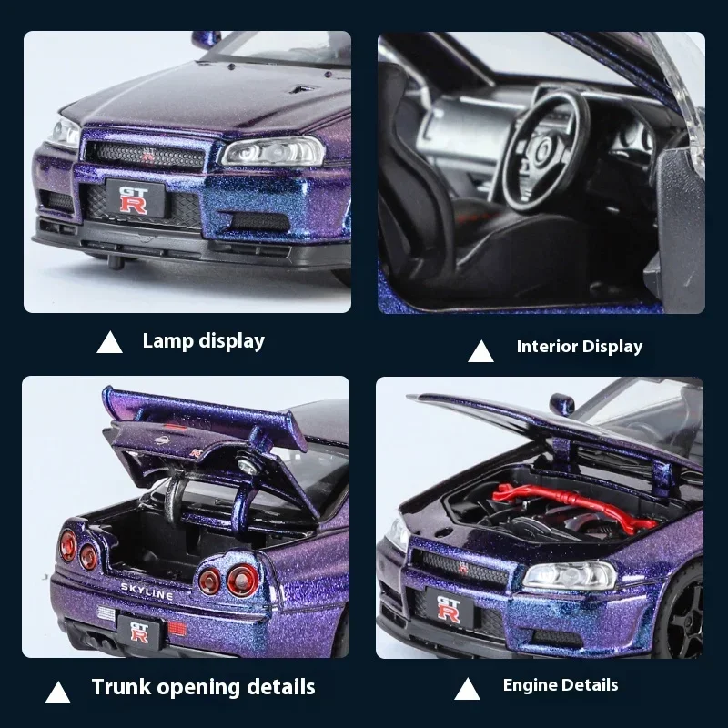 Nissan GTR R34 Skyline Supercar Model Toy para crianças, liga de metal, Diecast Racing Car, Simulação Som Luz, Presente, 1:32