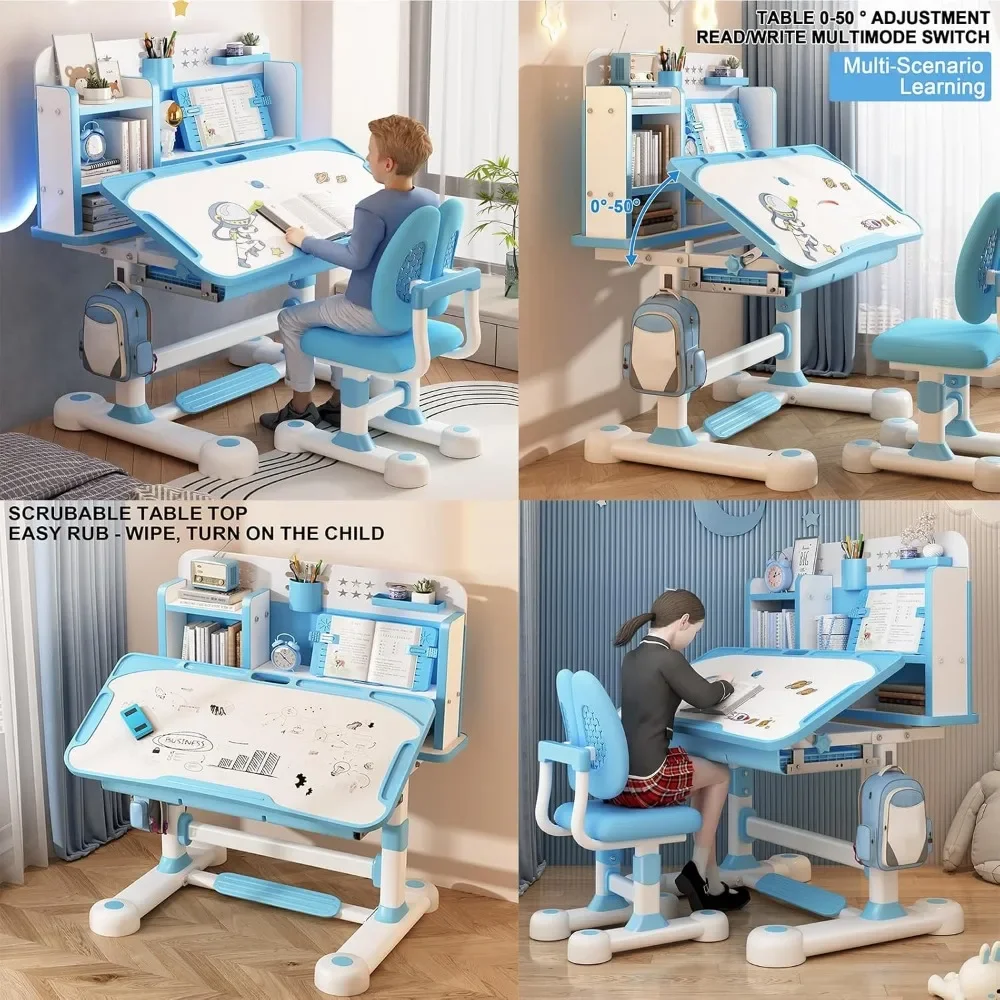 Small Desk, Kids Study Desk Chair Set, Height Adjustable Children School Study Table Chair Set with Sitting Corrector