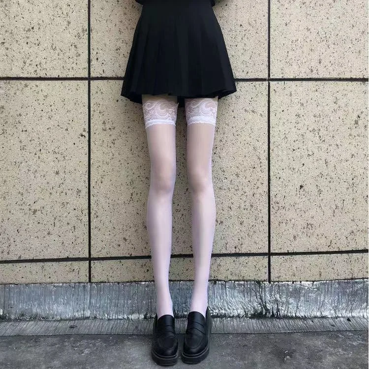 Calcetines largos por encima de la rodilla con borde rojo para mujer, medias altas hasta el muslo transparentes de encaje gótico, medias sólidas de seda fina Punk JK