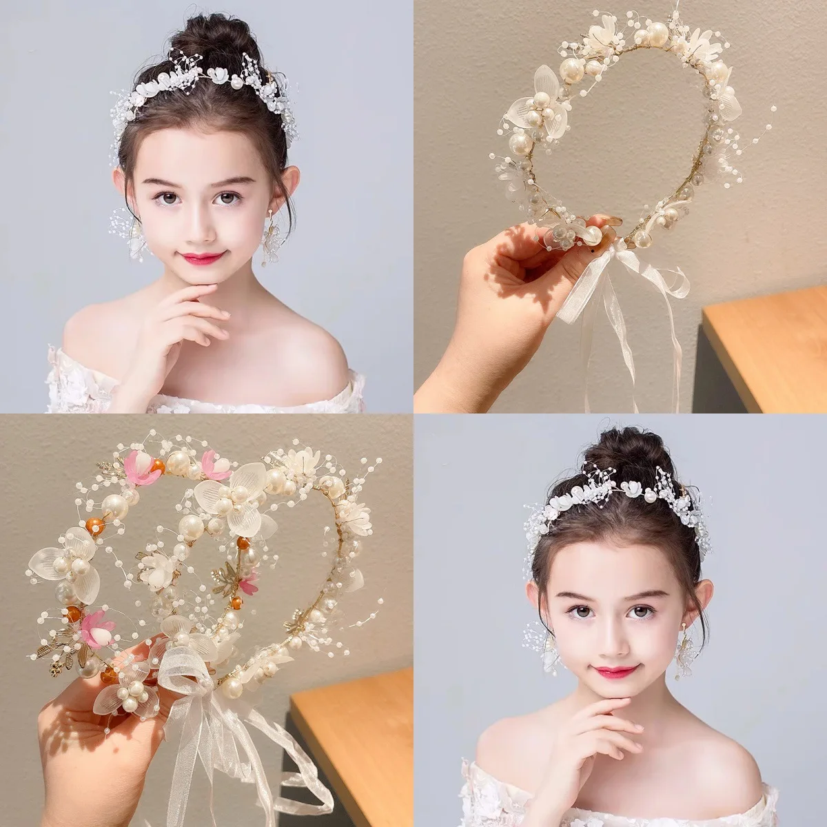 Grinalda das crianças princesa acessórios de cabelo fada menina flor pérola streamer chapelaria doce menina floco de neve net vermelho bandana