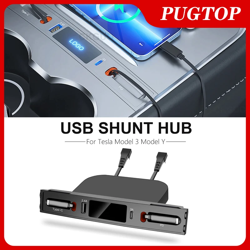 For Tesla Model 3 Y 27W Quick Charger USB Shunt PD Type C Hub Intelligent Docking Station Smart Sensor Car Adapter Powered 2023