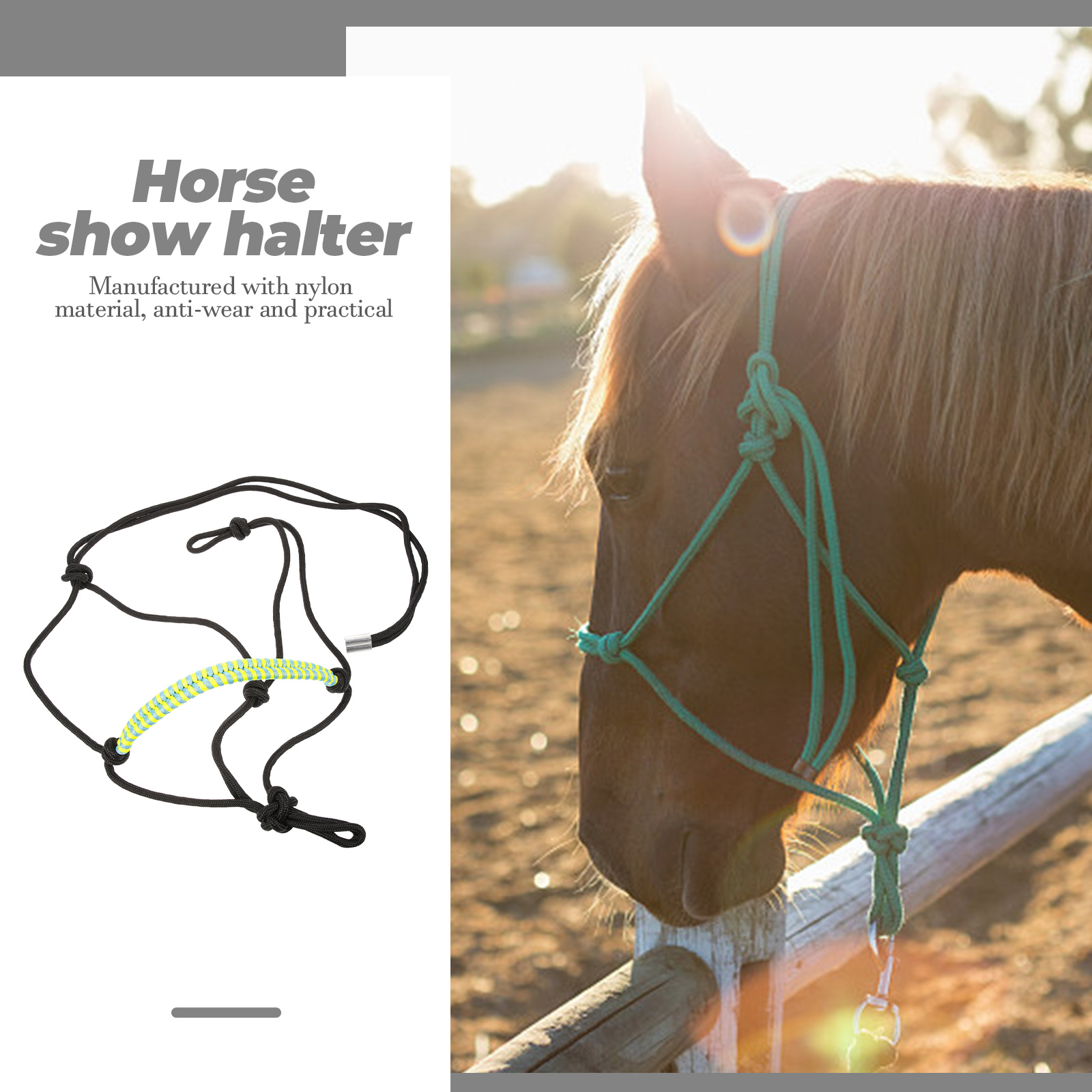 Corda trançada cabeça de cavalo colar halter resistente ao desgaste halteres de náilon para mostrar estilo ocidental bridas bitless portátil fornecimento de cavalo