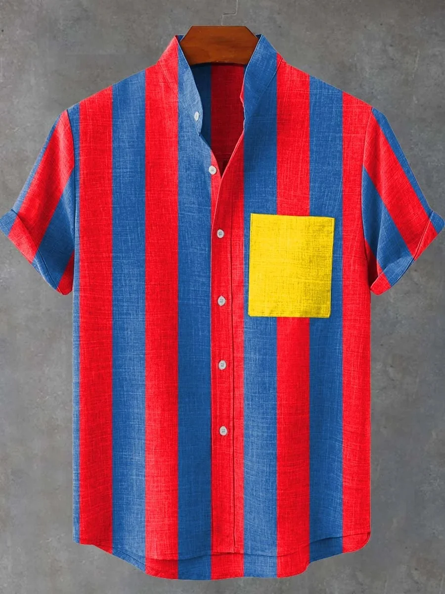 2025 New men's striped linen short-sleeved shirt, summer refreshing and comfortable fabric, high-quality button top