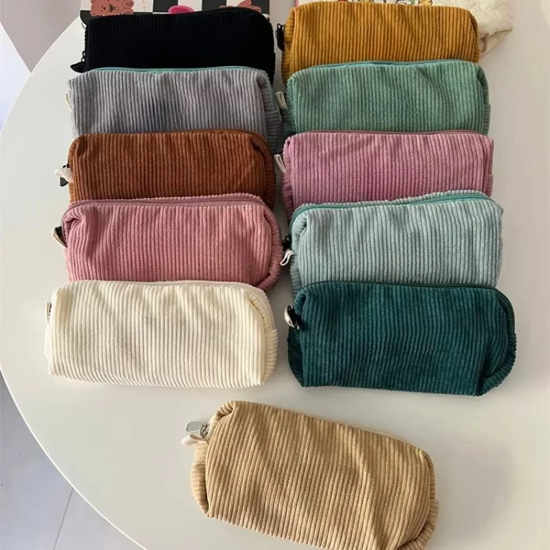 Creative Corduroy Pencil Case INS Style Large Capacity Toiletry Bag Zipper Pen Bag Office School Supplies,has random logo print