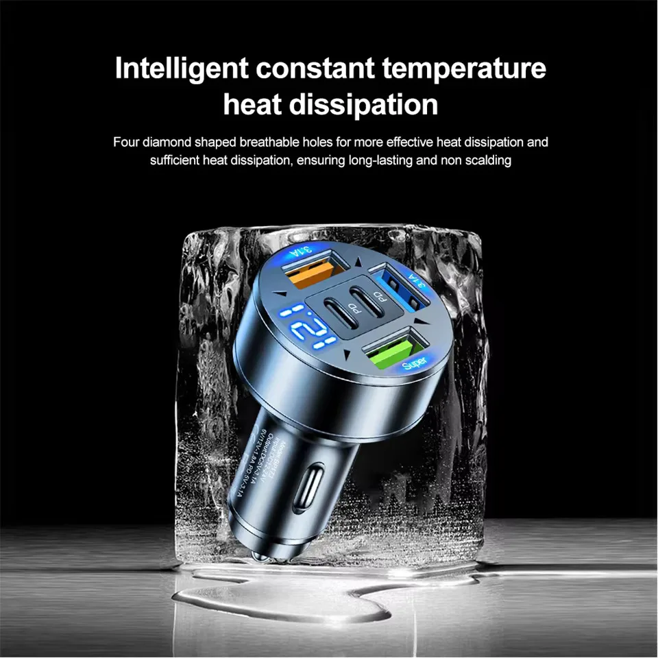 차량용 충전기 250W 5포트 고속 충전 PD QC3.0 USB C 차량용 휴대폰 충전 어댑터 아이폰 삼성 화웨이 샤오미용 전압 표시 기능 포함