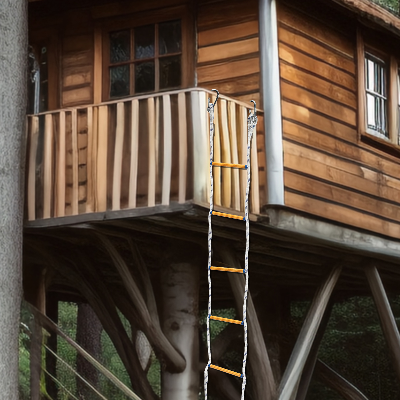 Escada de resgate com 2 * ganchos, sólida e durável, portátil e compacta, resistente ao desgaste, fivela de plástico, escada de resgate branca, tecida à mão