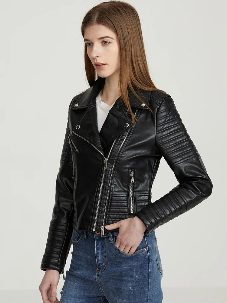 แจ็คเก็ตหนังผู้หญิง Turndown Collar Pu รถจักรยานยนต์สีดํา Punk Coat หญิง Rivet Zipper Jacket