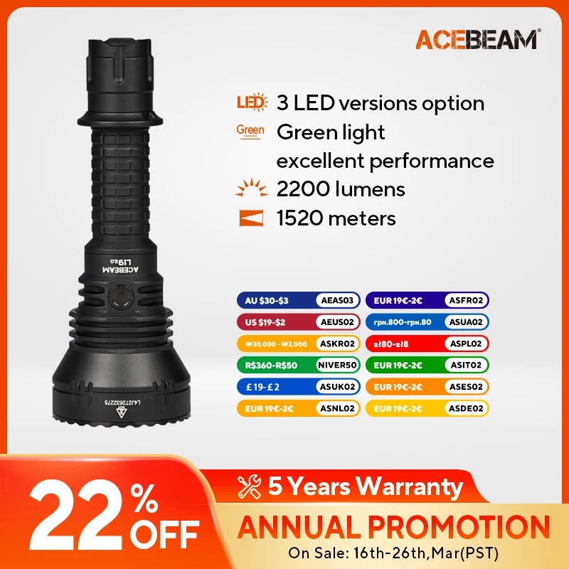 ACEBEAM L19 2,0 linterna de caza 2200 lúmenes 1184 yardas linterna recargable de largo alcance para caza nocturna