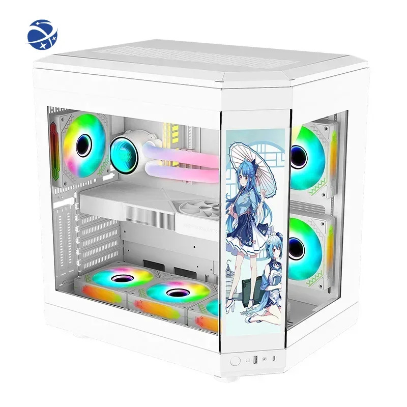 ATX Gaming Computer Cases With Screen Cube Glasses Cabinet Double Tempered Glass PC Gaming Casing Desktop Chassis