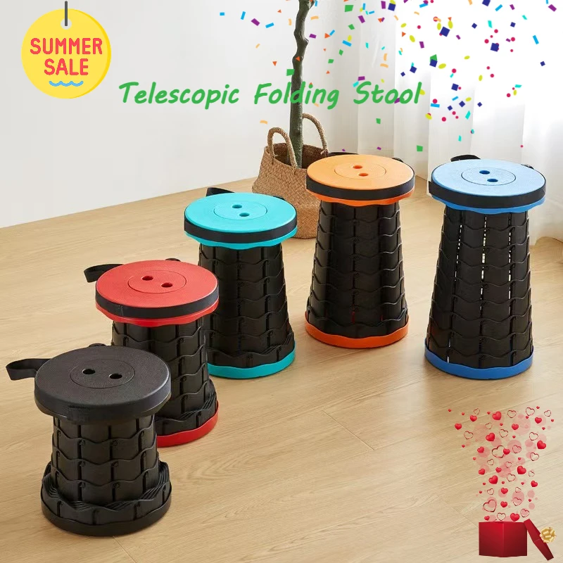 Taburete plegable telescópico portátil para acampar y pescar, taburete de plástico para llevar a mano en el hogar