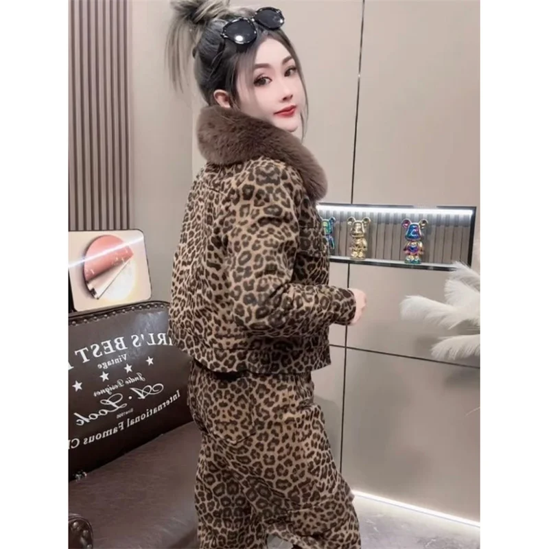 Setelan pakaian wanita kerah bulu longgar, set jaket celana panjang, pakaian wanita kerah bulu longgar, setelan dua potong, motif macan tutul, mantel musim gugur, musim dingin, baru, 2025