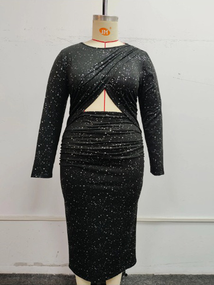 GIBSIE Plus Größe Sexy Ausschnitt Split Glitter Kleid Frauen 2024 Herbst Schwarz Oansatz Langarm Party Elegante Bodycon Lange Kleider