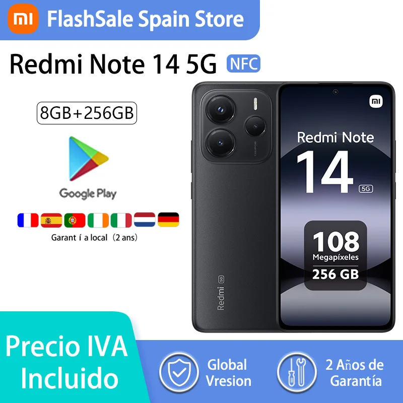 Xiaomi Redmi Note 14 5G Versione Europea 8+256GB Dimensity 7025-Ultra AMOLED Display 6.67" 120Hz 108MP Fotocamera Principale OIS 45W Ricarica, IP64, NFC