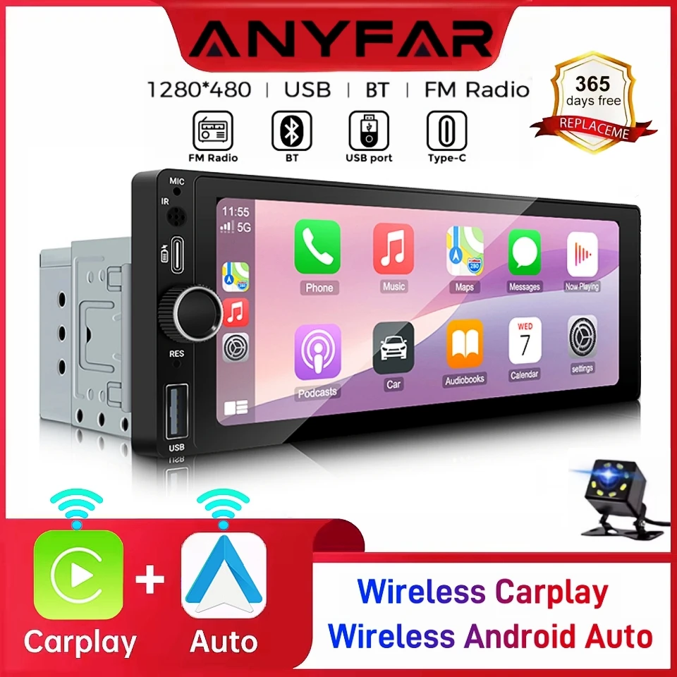 Anyfar 6.86 "1280*480 1 din mp5 player rádio do carro sem fio carplay android auto multimídia player 1din fm rádio automático estéreo