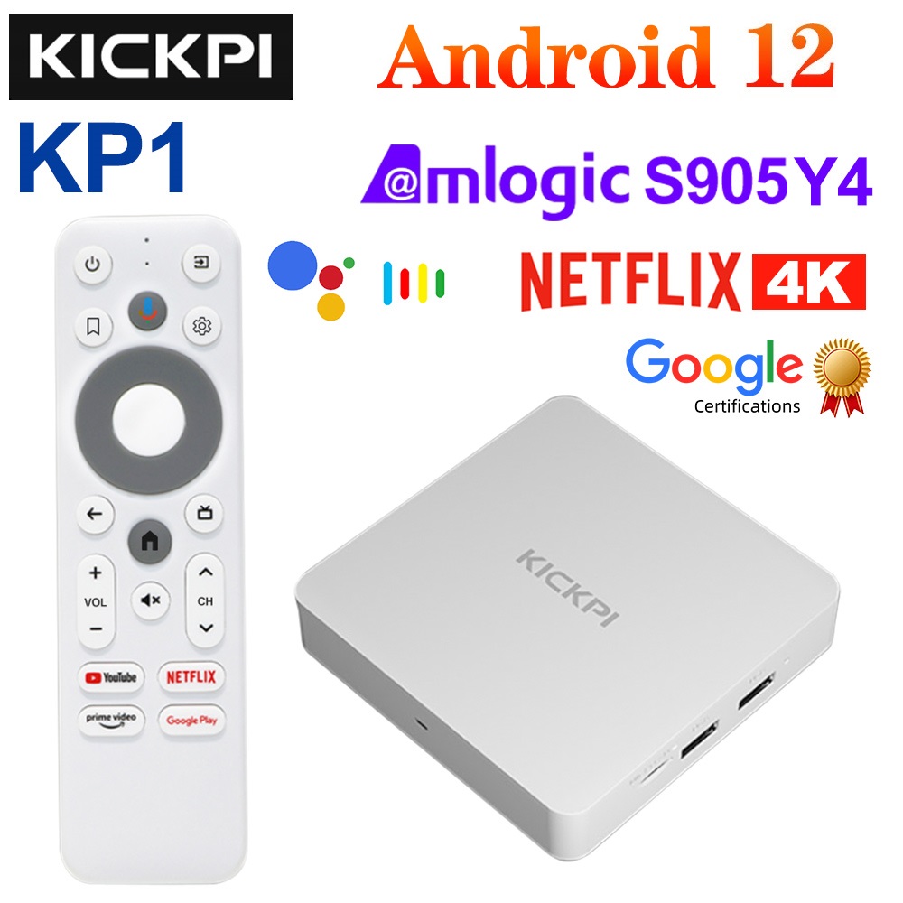KICKPI KP1 Caja de TV con certificación Google Android 12 Amlogic S905Y4 2GB 32GB Soporte de voz AV1 1080P H.265 4K 60pfs 2,4G y 5G decodificador