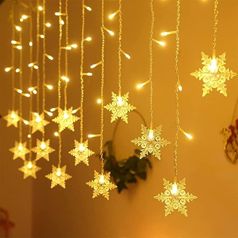 Guirnalda de luces LED con copos de nieve de Navidad, 3,2 M, luces de cortina de hadas intermitentes, impermeables para fiestas, bodas, decoración navideña
