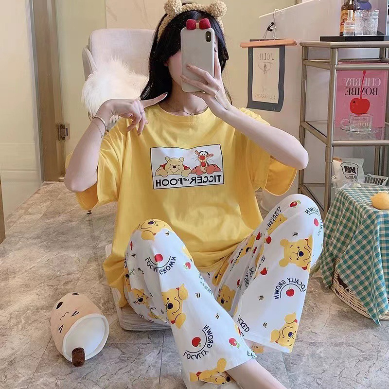 การ์ตูนดิสนีย์ Mickey Winnie Snow White ชุดนอนสุภาพสตรีฤดูร้อนแขนสั้นน่ารักกางเกงบางหลวม Homewear ชุดนอนชุด