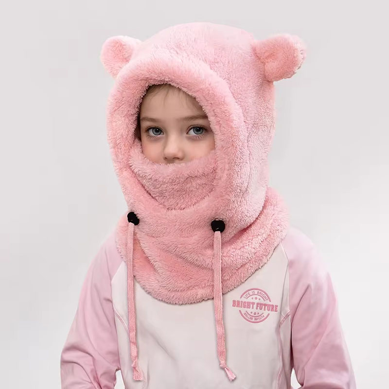 New Children's All-in-one Protective Helmet Balaclava Thicken Warm Drawstring Adjustable Outdoor Skiing Cute Bear Ear Plush Hat