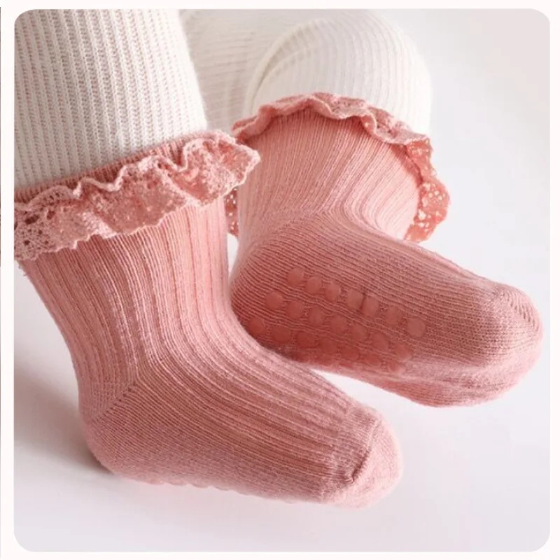 1/3/4/5 pares de calcetines de encaje de Color puro de algodón para niñas pequeñas calcetines antideslizantes para niñas pequeñas calcetines bonitos hasta la rodilla