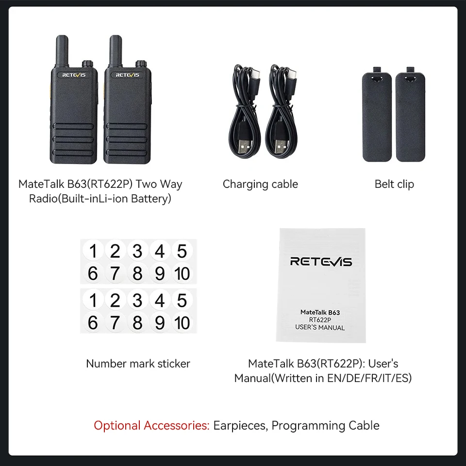 Retevis RT622P (B63) Nueva versión del mini walkie-talkie ultrafino RT22 de 15 mm PMR446 Radio bidireccional profesional tipo C VOX para la familia