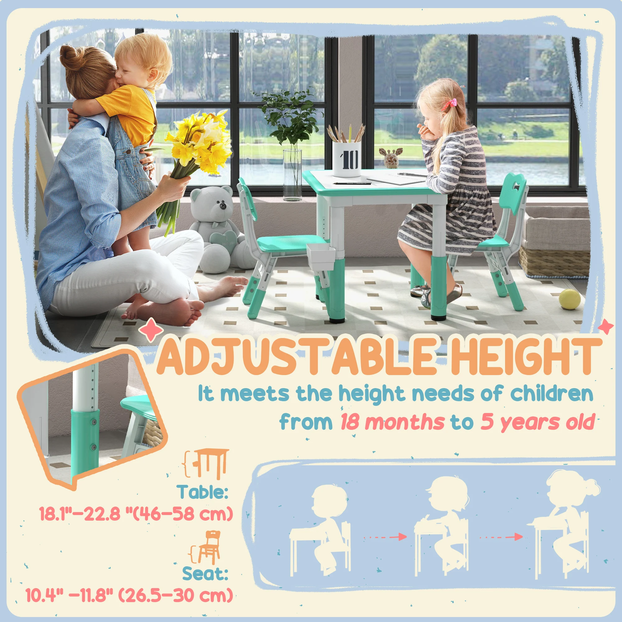 3 Pieces Height Adjustable Kids Table and Chairs for Daycare, Green